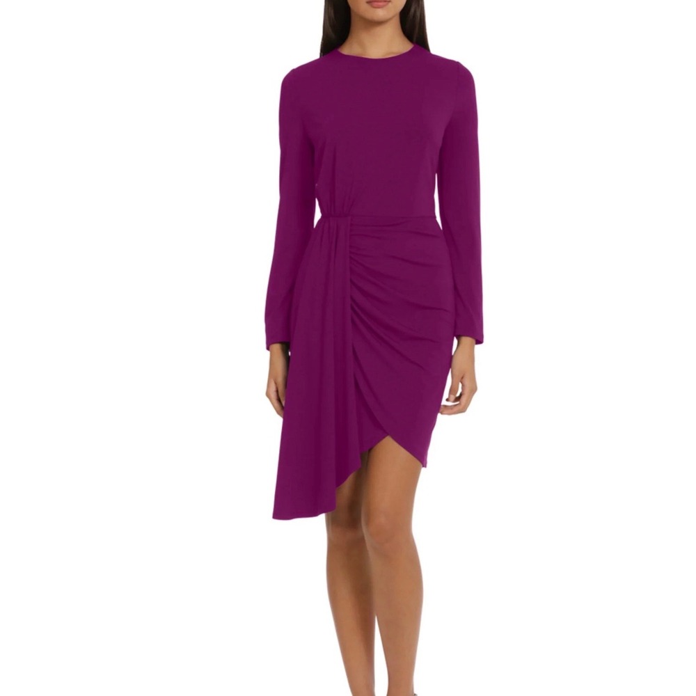 Donna Morgan Magenta Ruched Draped Asymmetrical Long Sleeve Sheath Dress Size 12